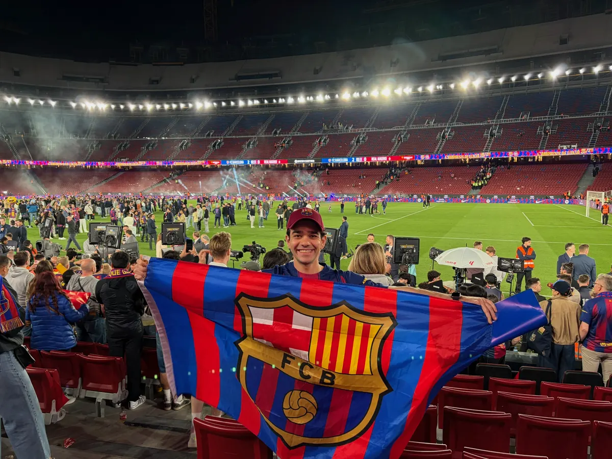 FC Barcelona players celebrating on the field at Camp Nou